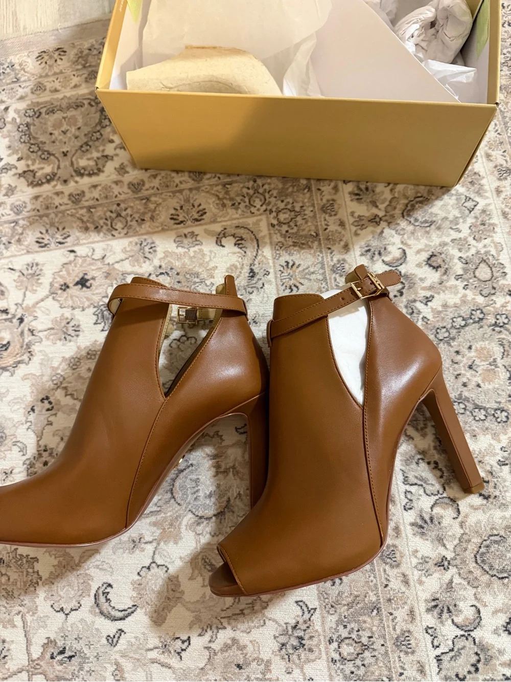 Michael Kors Cognac Leather Peep-Toe Ankle Booties with Buckle Strap